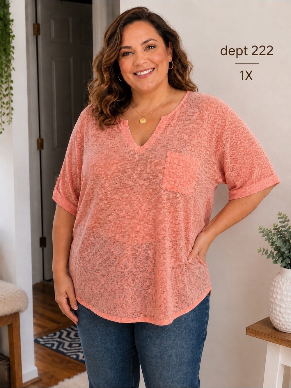 Dept 222 Sheer Burnout Pocket Tee – 1X – Coral Pink – NWT